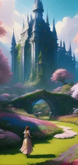 Majestic castle amidst pink blossoms in a serene fantasy landscape.