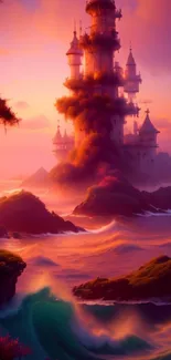 Fantasy castle on a cliff by the sunset sea with ocean waves.