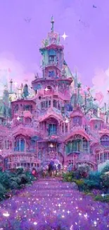 Fantasy castle with purple and pink hues in mystical garden.