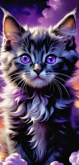 Fantasy cat with purple eyes, fluffy fur, and a colorful background.