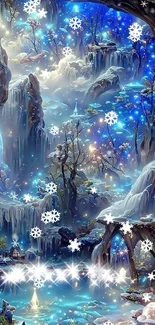 Enchanting fantasy cave with glowing blue hues and mystical waterfalls.