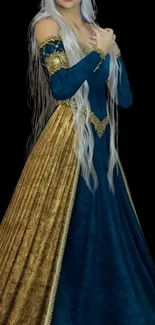 Fantasy character in blue and gold dress on wallpaper.