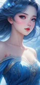 Ethereal character with blue hair and dress in fantasy art