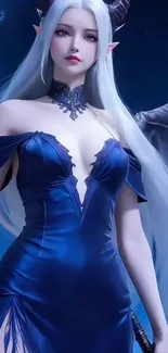 Fantasy character with wings in blue dress, captivating art.