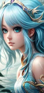 Blue-haired fantasy character in enchanting digital art style.