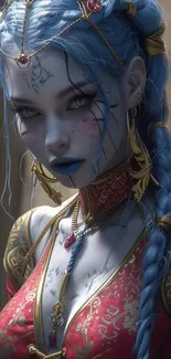 Fantasy artwork of a blue-haired character with intricate details and vibrant colors.