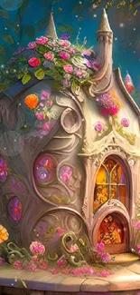 Whimsical fantasy cottage with colorful flowers and vibrant design.