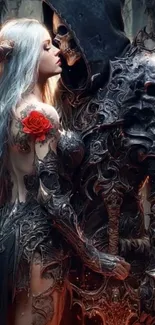Mystical fantasy couple in intricate armor with a dark backdrop.