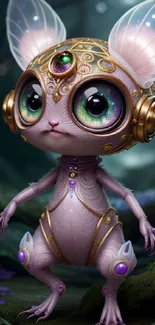 Fantasy creature with large eyes and golden adornments in a whimsical forest setting.