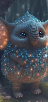 Adorable fantasy creature with glowing lights in an enchanted forest setting.