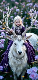 Child in purple gown riding a mythical white deer surrounded by flowers.