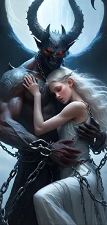 Fantasy art of a demon embracing an angel in chains.