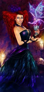 Mystical woman with flowing red hair and glowing dragon in enchanting fantasy art.