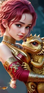 Fantasy artwork of woman with golden dragon.