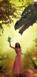 Woman in pink dress with a dragon in a magical forest setting.