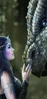 A mystical scene of a woman gently touching a dragon's face in a forest setting.