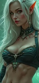 Fantasy elf with white hair and teal attire.
