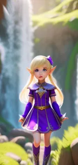 Elf character in purple dress with fantasy background.