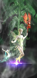 Whimsical fairy design with mystical creatures on green foliage.