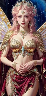 Elegant fairy with golden wings in a fantasy setting.