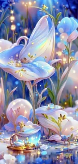 Fantasy floral wallpaper with glowing pastel flowers and a celestial theme.