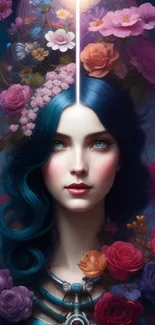 Enchanting fantasy portrait of blue-haired woman with flowers.