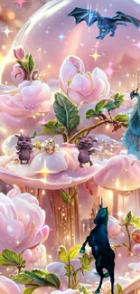 Fantasy world with pink flowers and mystical creatures.