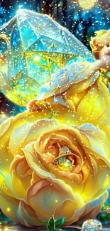 Enchanting scene with glowing yellow roses and a fantasy ambiance.