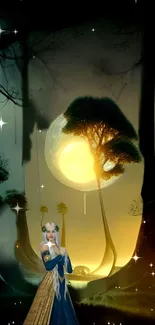 Enchanting fantasy forest with glowing moon and mystical figure.