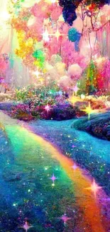 Enchanting fantasy forest with rainbow path.