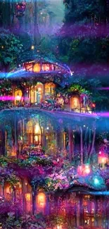 Fantasy forest retreat with glowing tree houses.