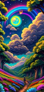Vibrant enchanting fantasy forest at night, featuring a surreal moonlit sky.
