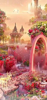 Enchanting fantasy garden with vibrant flowers and towers.