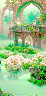 Fantasy garden with arches and flowers in vibrant colors.