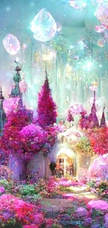 Enchanting fantasy garden with crystals and vibrant flowers.