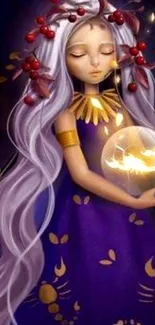 Fantasy girl in purple dress with magical glow.