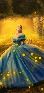 Fantasy scene with a woman in a glowing blue gown.