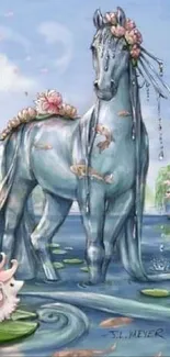 Fantasy horse by a serene pond with cherry blossoms.