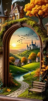 Enchanting fantasy landscape with castle and autumn scenery.