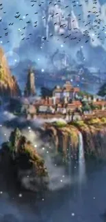 Enchanting fantasy landscape with waterfalls and village in the mountains.