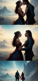 Romantic couple in a fantasy landscape with mountains and sky.