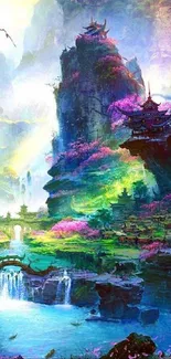 Fantasy landscape with temples and cherry blossoms, vibrant colors.