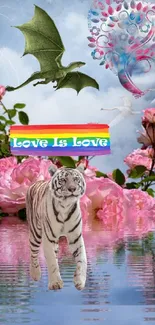 Fantasy scene with flowers, rainbow, dragon, and a white tiger.