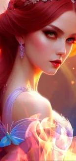 Mystical character with red hair in fiery, dreamy setting.