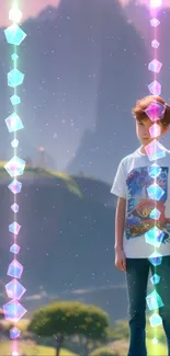 Fantasy landscape with child and glowing crystals.