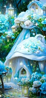 Fantasy wallpaper with glowing mushroom houses and blue flowers.