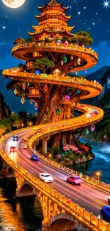 Fantastical tree structure with winding road under a starry night sky.