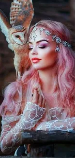 Mystical woman with pink hair and elegant owl in a magical setting.