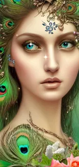 Fantasy art wallpaper of woman with peacock feathers in green tones.