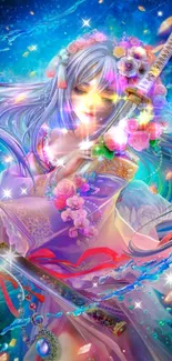 Enchanting fantasy wallpaper with mystical figure, flowers, and sword.